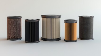 Industrial filter cartridges placed in a row on clean white background