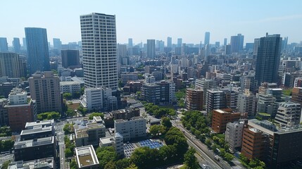 Fototapeta premium Panoramic view of a dense cityscape on a sunny day, showing a mix of high-rise and low-rise buildings, roads, and green spaces