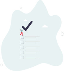 Checklist for completed tasks, project checkbox or achievement list and approval document concept. character life