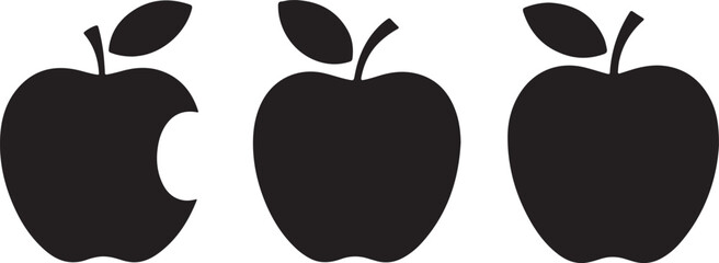 Three Black Apple Silhouettes Whole, Bitten, and Whole