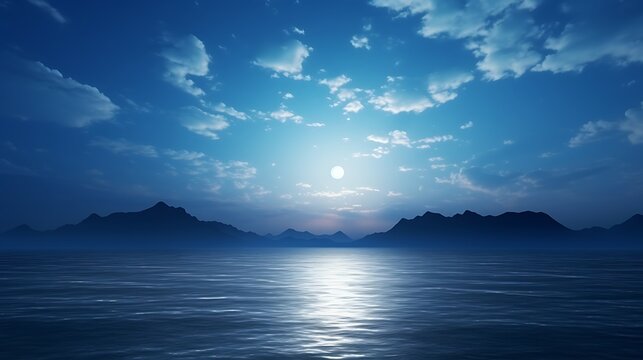 A deep blue sea at twilight with a glowing silver full moon peeking over the horizon, the water shimmering with moonlight, scattered clouds glowing faintly in the distance.