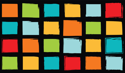 Mixed style colorful hand drawn squares with sketchy borders, grunge details, and modern flair, ideal for art backgrounds and design templates.


