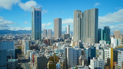 Panoramic view of a vibrant city skyline, featuring a mix of modern skyscrapers and traditional low-rise buildings against a backdrop of mountains and a clear blue sky