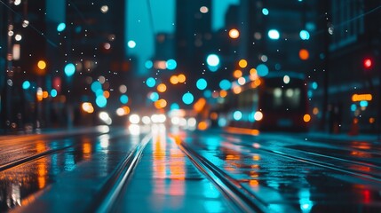 Obraz premium Rainy night cityscape, blurred lights reflecting on wet tram tracks. Bokeh effect creates a vibrant, atmospheric scene