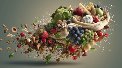 Dynamic explosion of healthy foods including fruits, vegetables, nuts, and pasta, showcasing vibrant mix of colors and textures. composition highlights nutrition and culinary creativity