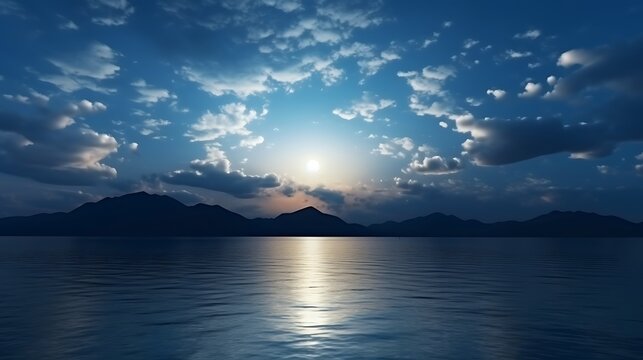 A full moon glowing golden above a tranquil sea, the water shimmering with silver streaks, scattered clouds glowing softly under the moonlight, the sky a gradient of dark indigo.