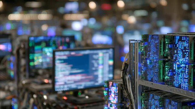 LED lights shimmer in synchrony across vast GPU stacks, blockchain code scrolling on small embedded displays beside the hardware