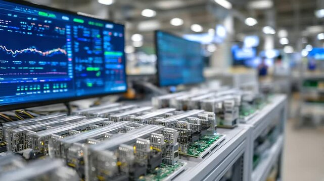 Close-up of cryptocurrency miners stacked neatly on gray shelves, LED-lit video cards humming, with blockchain hash codes visible on nearby monitors in a brightly lit white room