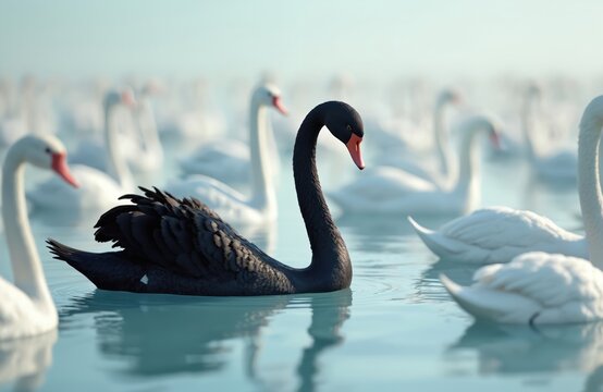 Black swan in water surrounded by white swans. Visual metaphor rare, unexpected event with significant impact, disrupting established norms. Business financial markets, risk management, uncertainty,