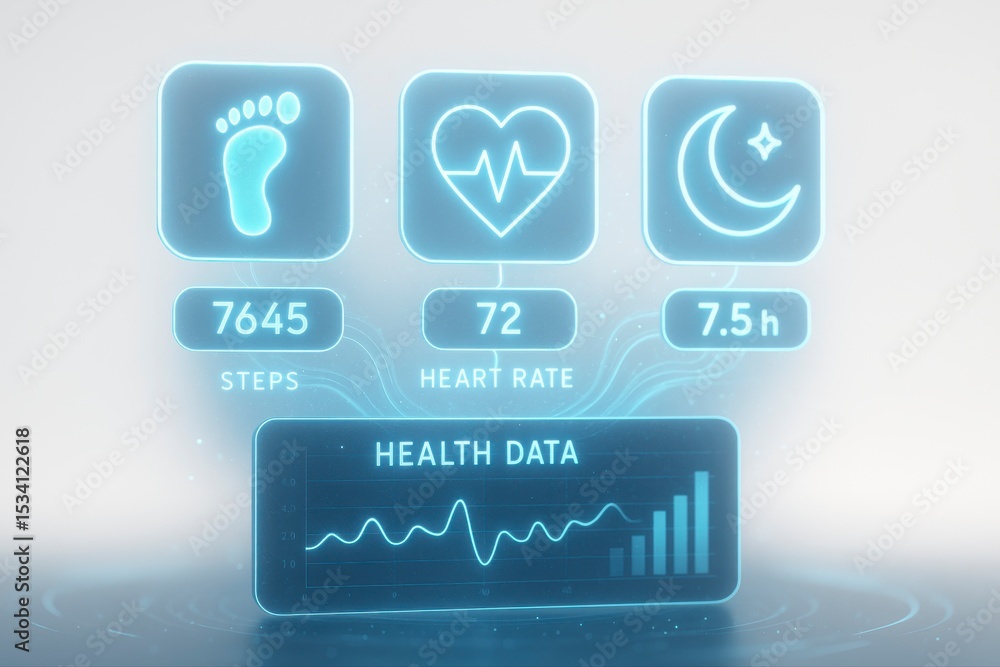 Poster digital health data display showing steps heart rate and sleep time