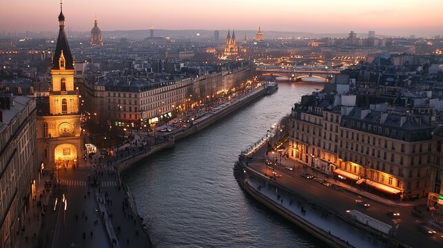 Panoramic twilight view of a European city, showcasing a river winding through illuminated buildings, bridges, and a historical district
