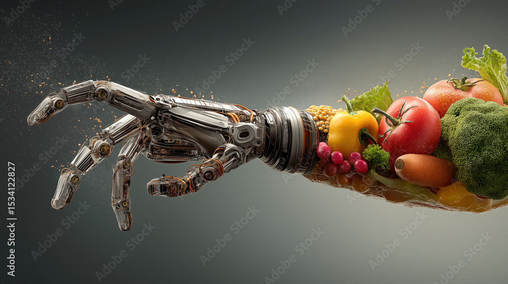 Poster robotic arm seamlessly blends with fresh vegetables, symbolizing fusion of technology and nutrition 