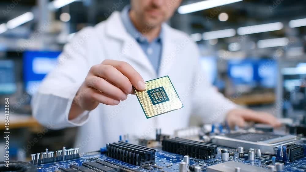 Poster close-up of a technician’s steady hand carefully aligning a shiny cpu processor above a motherboard 