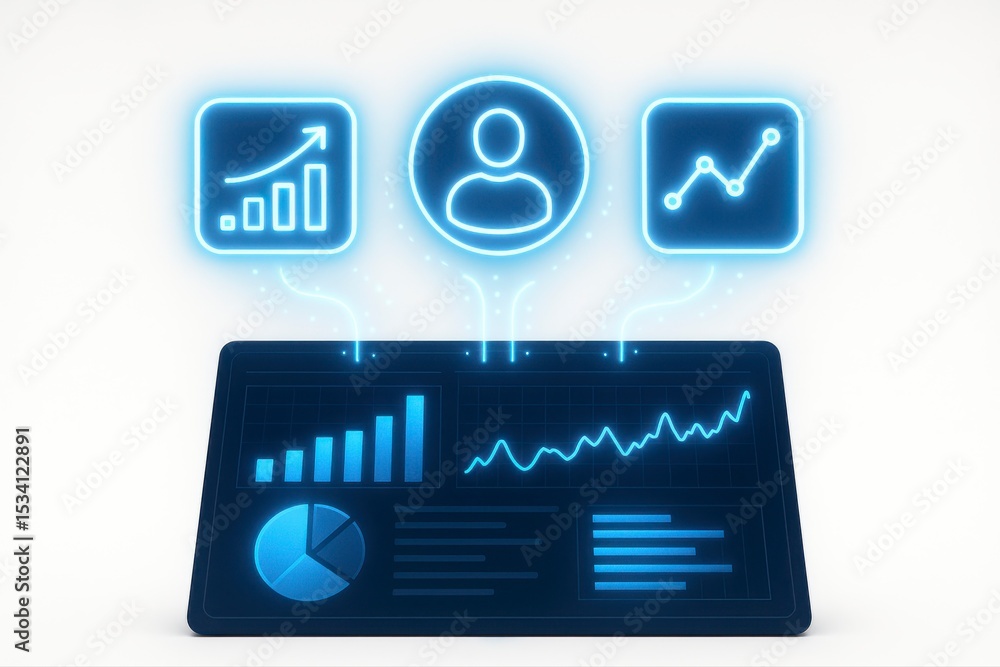 Poster Glowing dashboard displaying data charts and user profile interface