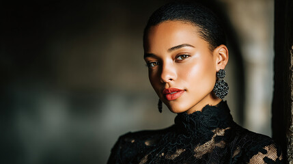 Portrait of a woman with dark hair wearing black lace top and beaded earrings