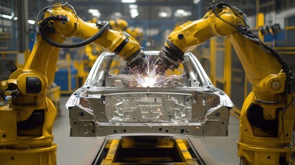 View of automated welding robots creating car chassis frames