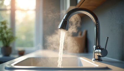 Hot water flows from faucet into kitchen sink. Steam rises creates cozy, inviting atmosphere. Interior home design, kitchen equipment, modern interior details, home comfort, daily routine, cooking