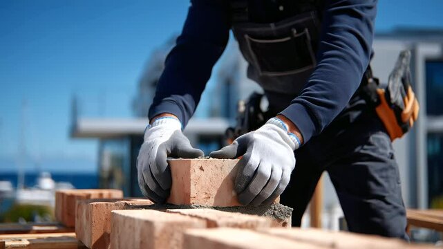 A construction worker&rsquo;s muscular arms lifting and placing bricks with precision, the rhythm of his labor evident as the foundation of a new house takes shape
