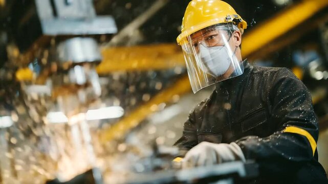 Side profile of industrial worker in gloves and face shield operating a grinding machine, sharpening heavy-duty drill bit under harsh lighting