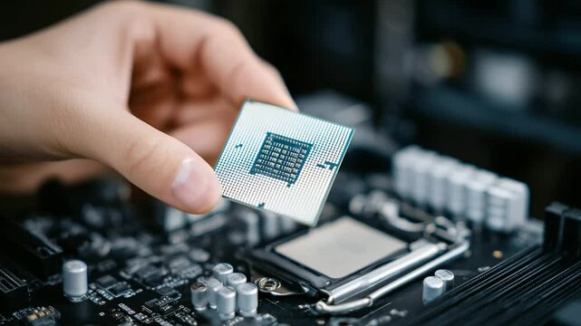 Focused macro shot of human fingers holding a delicate processor chip, positioning it perfectly into the LGA socket of a high-end motherboard