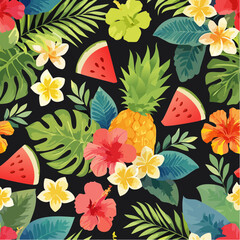 Colorful pineapple, watermelon, lime, hibiscus and tropical leaf seamless pattern for summer background