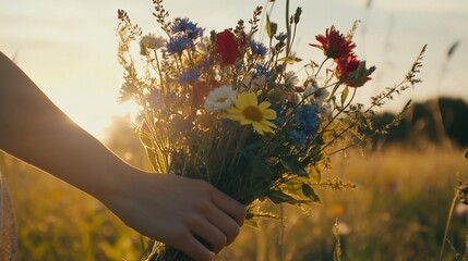 Holding a summer bouquet of colorful wildflowers at golden hour in the field