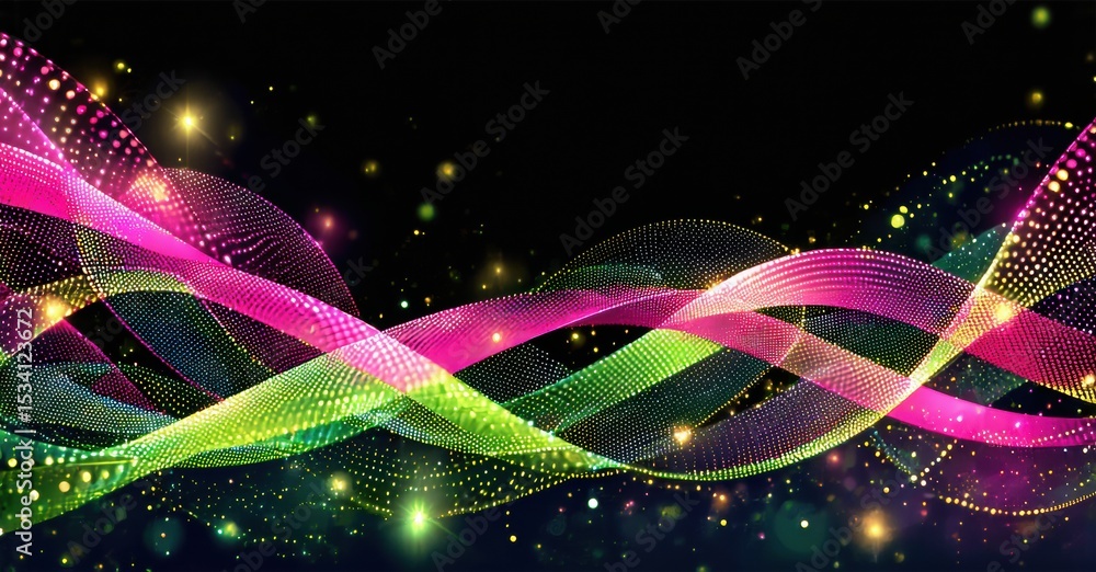 Aufkleber Bright wavy lines, vibrant colors, dots create dynamic abstract background. Sparkles add visual interest, dark backdrop enhances luminosity.