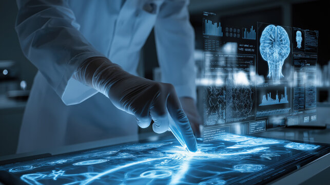 Scientist interacts with digital interface displaying medical data and brain scans, highlighting advancements in healthcare technology and medical research