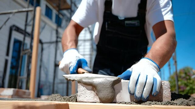 A close-up of a construction worker&rsquo;s hand applying mortar on a brick with a trowel, the edge of the brick clearly visible as it&rsquo;s placed into position on a solid foundation