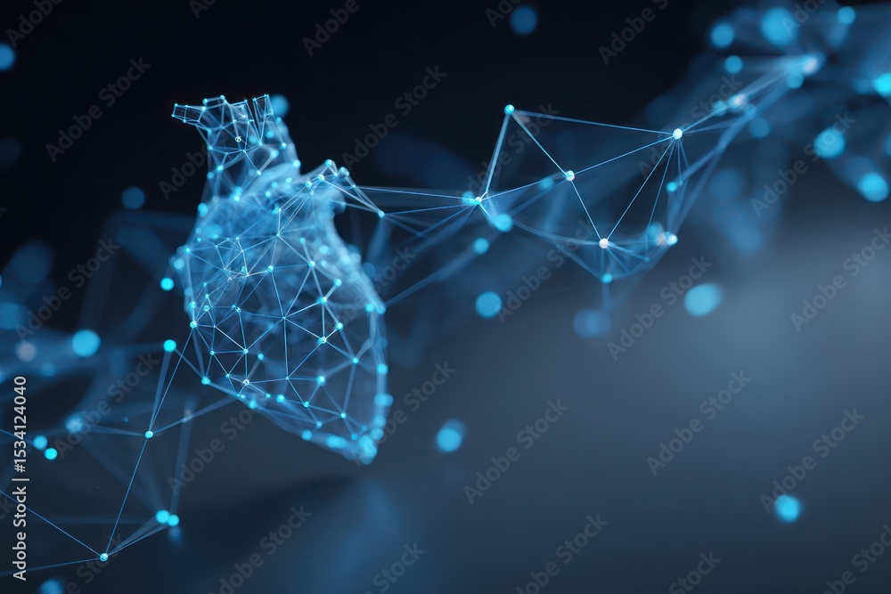 Poster digital heart network visualized in vibrant blue, depicting health data flow and connections.