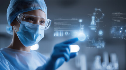 Scientist in protective gear interacts with futuristic digital interface displaying scientific data and molecular structures, symbolizing advanced medical research and technology