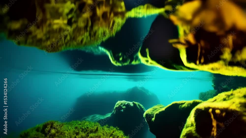 Poster underwater shot of sea rocks covered with algae, sun rays breaking through the surface create dynami