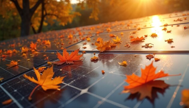 Solar panels with autumn leaves. Panels reflect sun, creating harmonious scene. Fall season leaves cover solar energy system panels. Renewable energy source. Eco-friendly energy alternative for home.