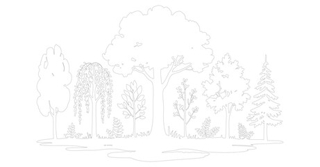 Naklejka premium Tree Line Drawing with Various Tree Types and Foliage for Landscape Design