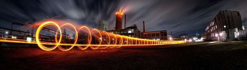 Night factory panorama with longexposure welding trails