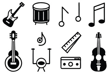 Obraz premium Vector icon set featuring various musical instruments and music notation symbols