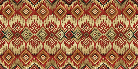 Colorful geometric textile pattern featuring rich reds and earthy tones.