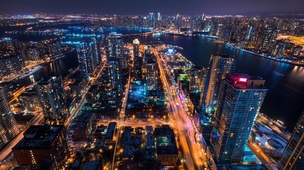 Fototapeta premium Night view of a city illuminated with lights, showcasing a vast urban landscape with buildings, roads, and a waterfront