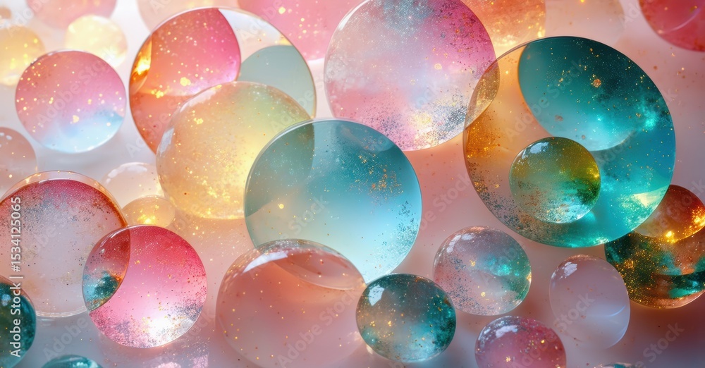 Poster Colorful bubbles overlap, creating abstract patterns. Light reflects within spheres, offering vibrant visual experience.
