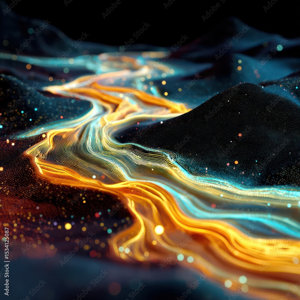 Poster abstract representation of digital data flowing through dark space, creating a vibrant and energetic
