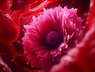 Abstract floral composition with textural depth and crimson color palette