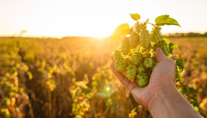 A farmer presents a sprig of fresh green hops against a sunlit field at sunset, showcasing the...