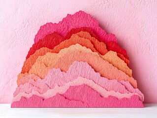 Abstract layered mountains in shades of pink and orange, paper craft style