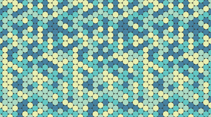 Abstract pastel teal, yellow, and gray circle mosaic pattern.  Perfect for backgrounds, website design, textiles, and modern presentations.  Creates a calming, yet visually interesting texture.