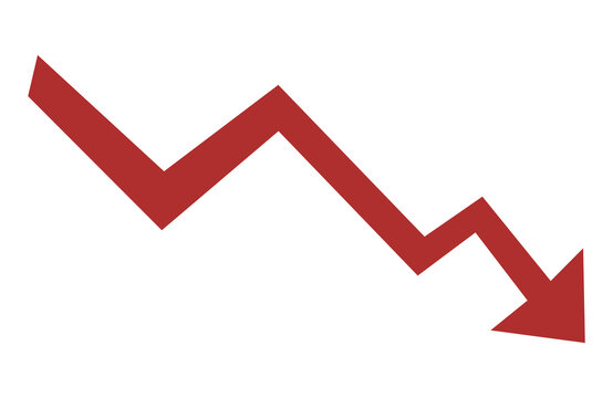 Red arrow going down stock icon on white background. Symbol of down arrow graph icon. financial market crash icon