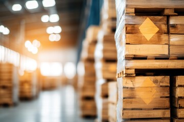 Obraz premium Close-up of wooden crates stacked on pallets and wrapped in plastic film inside a warehouse.