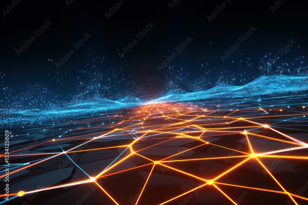 Poster cybernetic virtual grid illuminated by glowing geometric pathways and shapes.