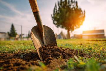 A close up of a shovel digging into the ground with a tree and sun in the background