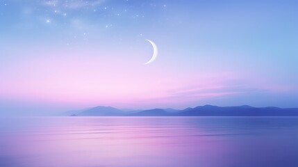 A rising golden crescent moon above a gently rolling teal sea, the sky painted in gradient shades of lavender and peach, creating a soft, romantic twilight scene.