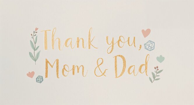 Thank you mom and dad card with floral accents and hearts on a white background with gold lettering